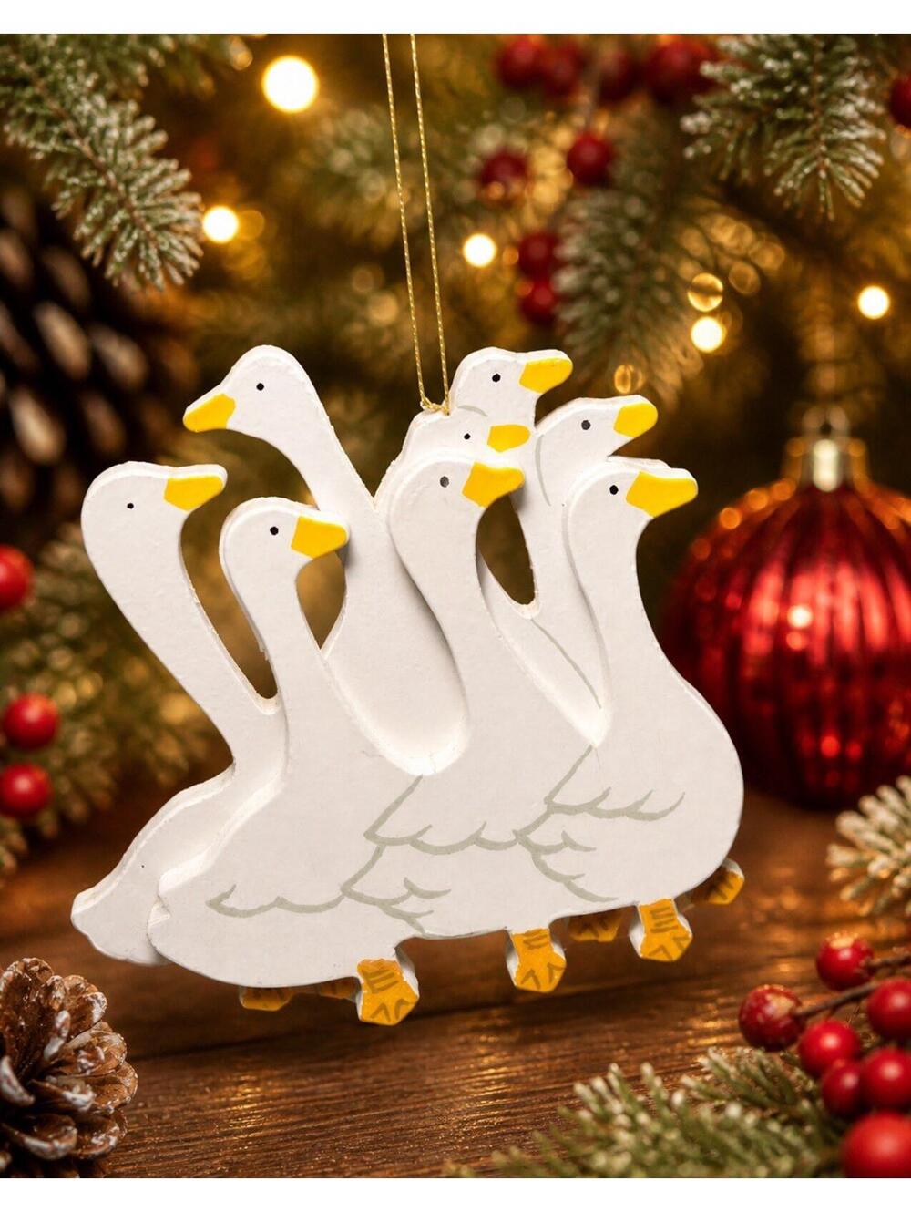 Kurt S. Adler 1988 Six Geese A-Laying White Wood Christmas Ornament, 4x3.25”